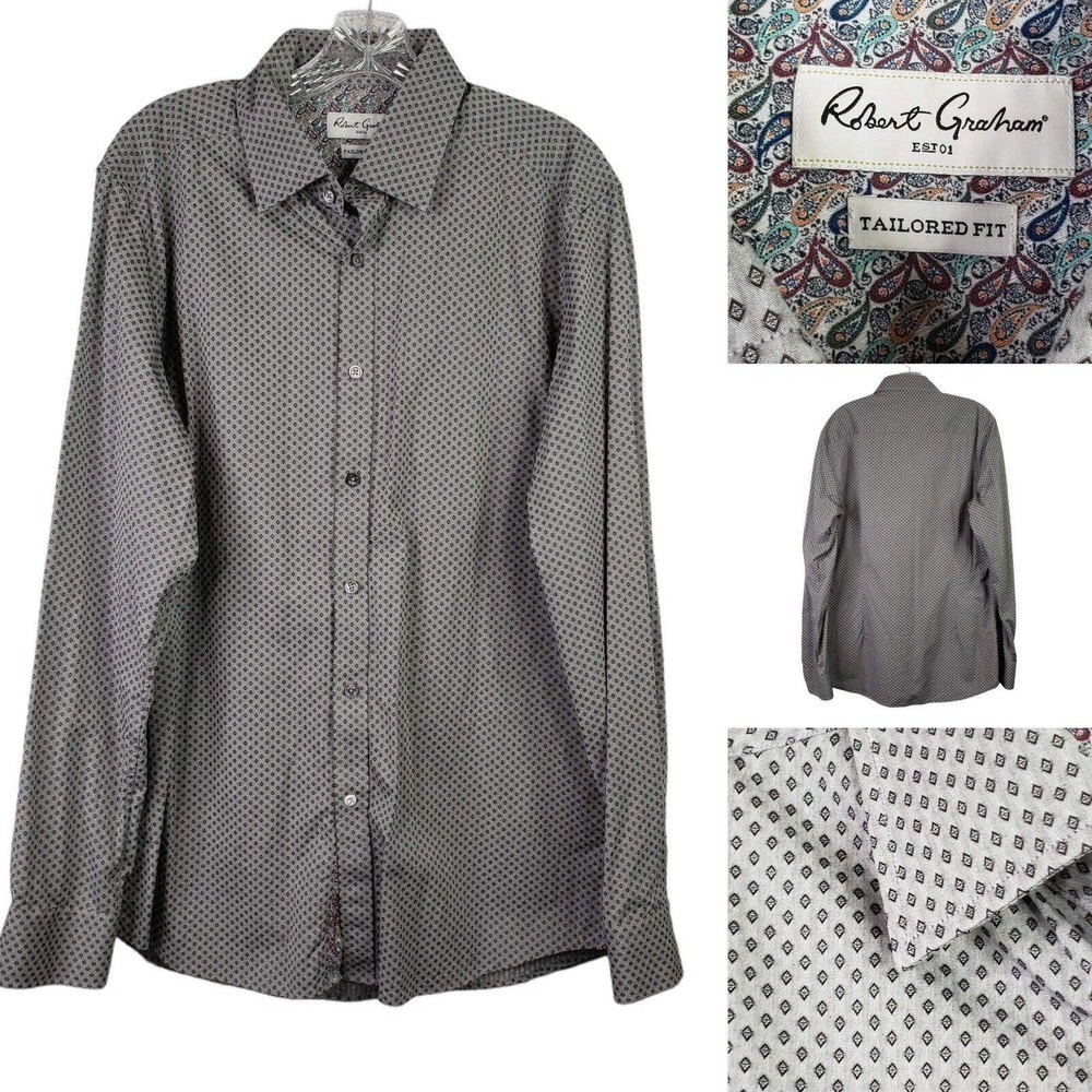 Robert Graham Shirt Long Sleeve Button Down Size 42 Medium Tailored Gray Print